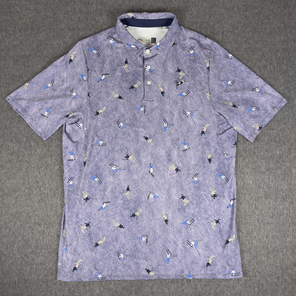 KJUS Polo Shirt Mens Large Blue Skier AOP Golf Performance Black Flag UPF 50+